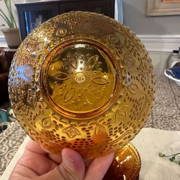 Vintage No Brand Amber Glass Fruit / Dessert  Bowl Set of 6 Textured Fairy Glass - Picture 5 of 9